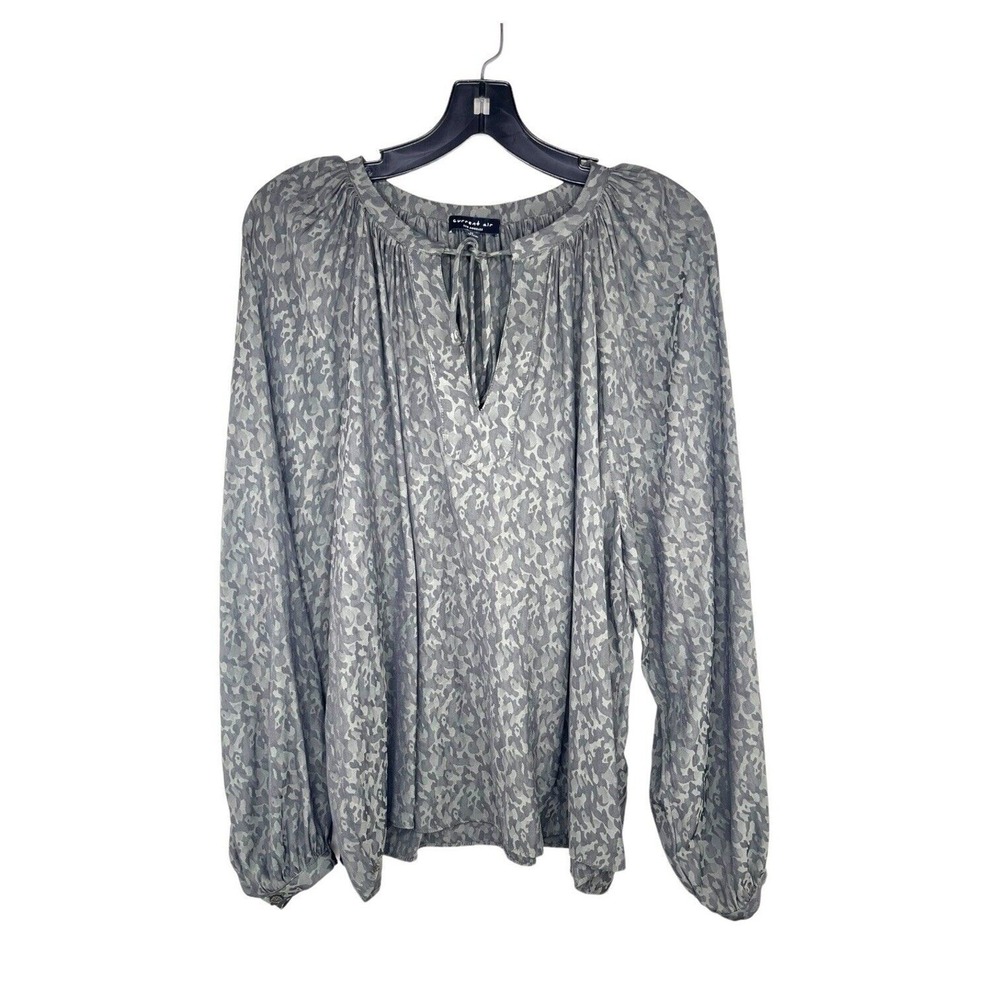 Current Air Anthropologie Floral Fairy Split Neck Blouse Sz M Olive/Gray EUC‎